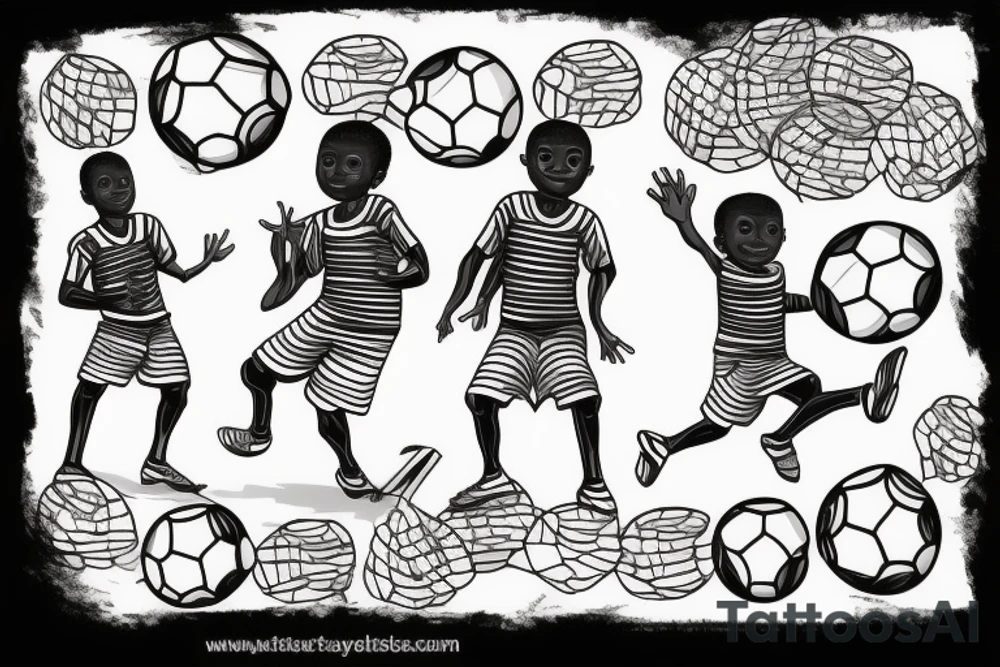 An african little boy playing football under a vachellia tortilis tattoo idea