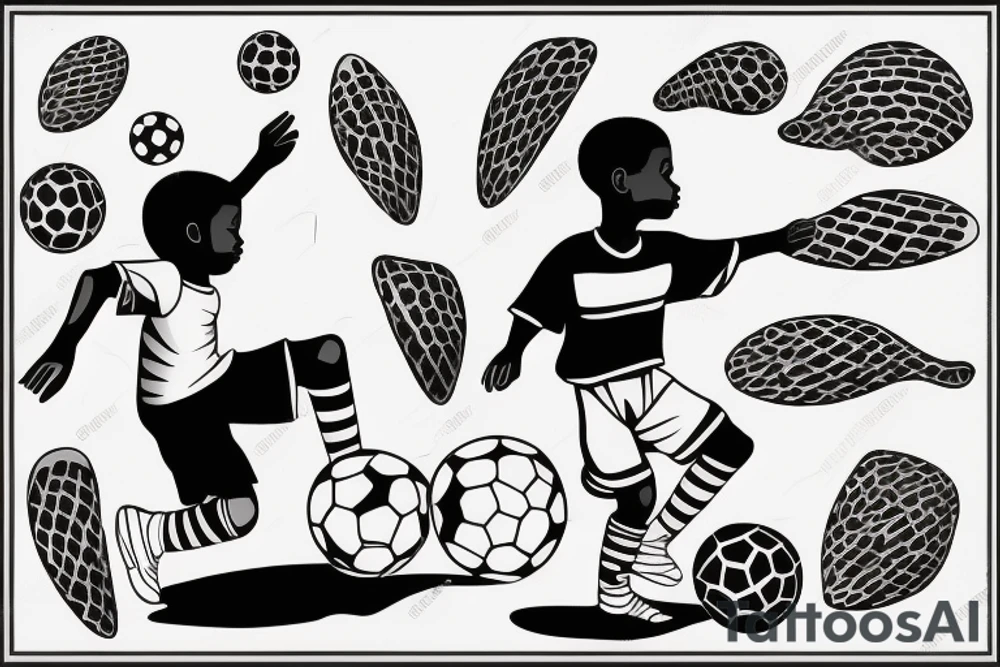 An african little boy playing football under a  african acacia tattoo idea