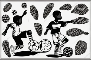 An african little boy playing football under a  african acacia tattoo idea