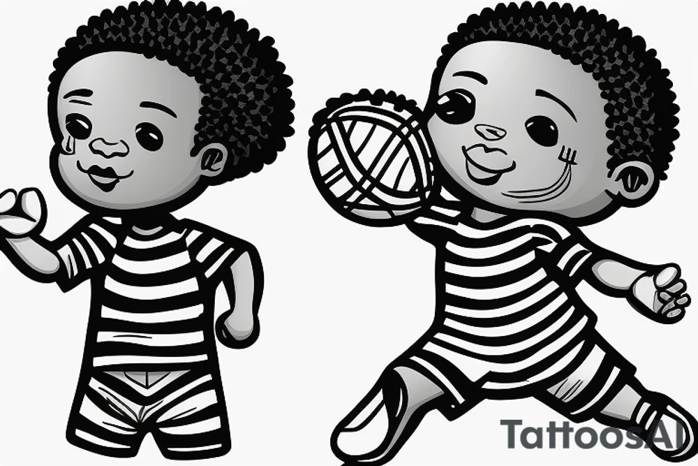 An african little boy playing football under a  african acacia tattoo idea