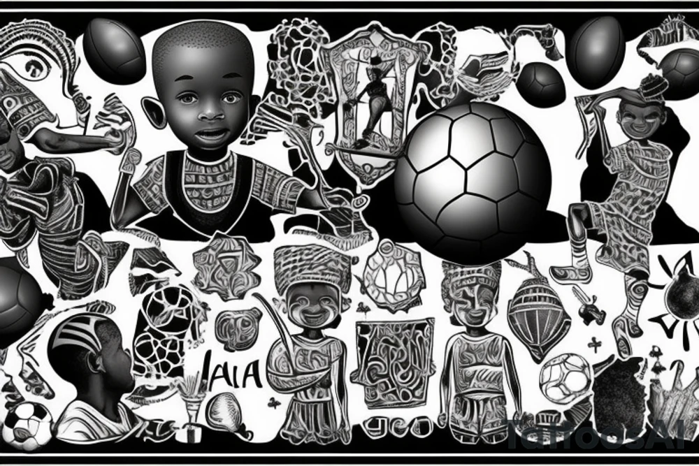 An african little boy playing football under an african acacia tattoo idea