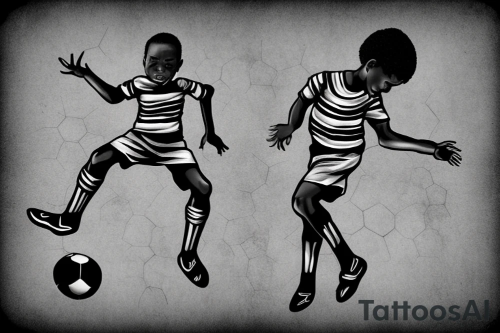 An african little boy playing football under an african acacia tattoo idea