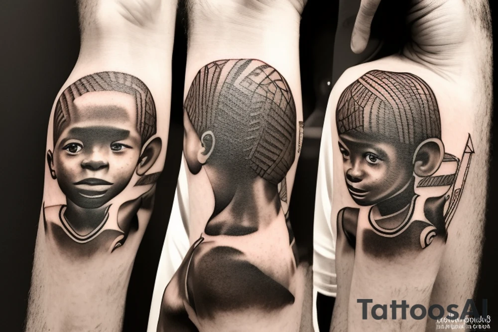 An african little boy playing football under an african acacia tattoo idea