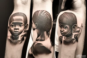 An african little boy playing football under an african acacia tattoo idea