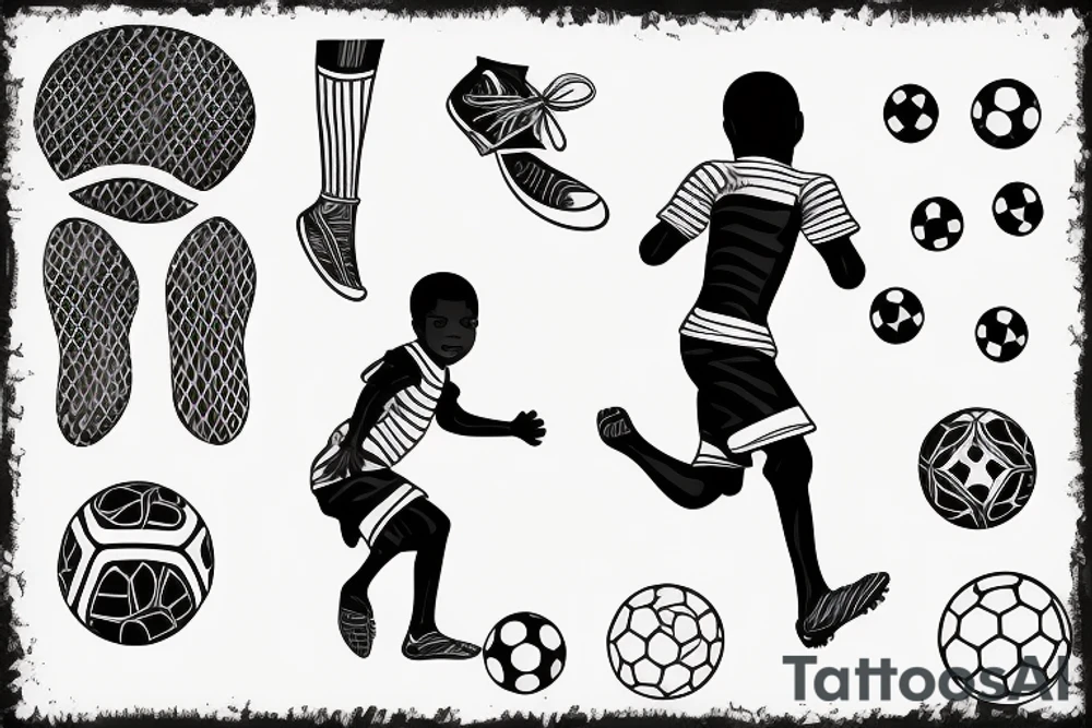 An african little boy playing football under an african acacia tattoo idea