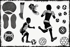 An african little boy playing football under an african acacia tattoo idea