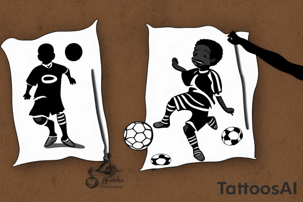 An african little boy playing football under an african acacia tattoo idea