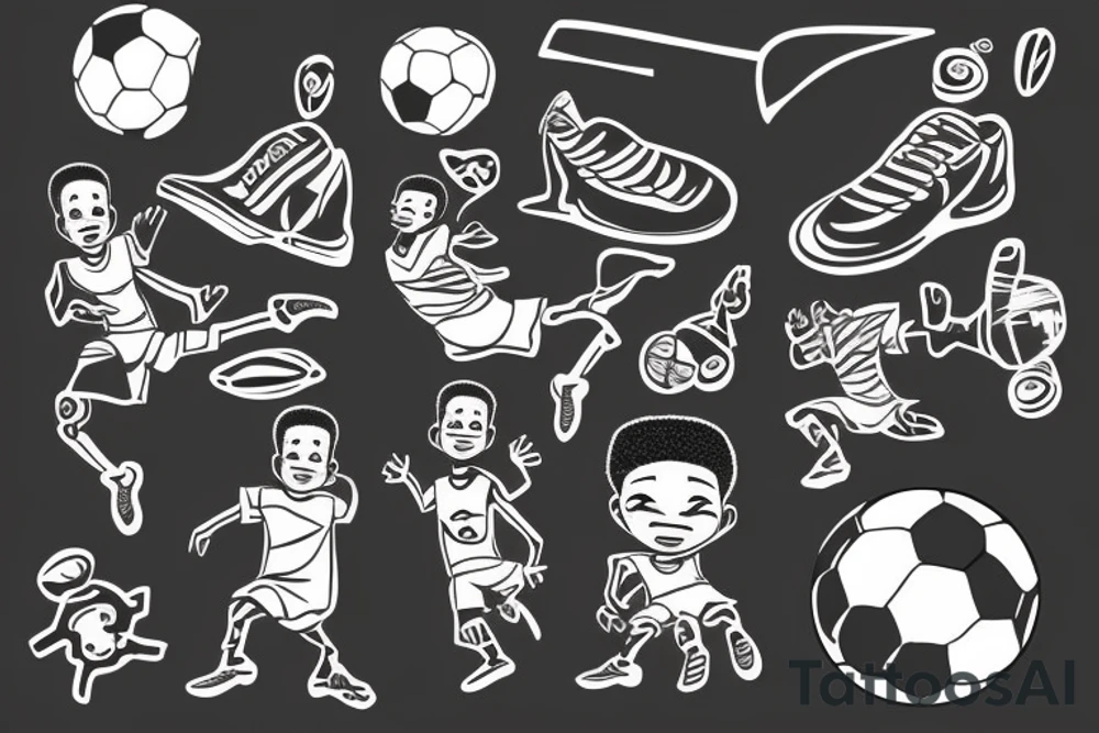 An african little boy playing football under an african acacia tattoo idea