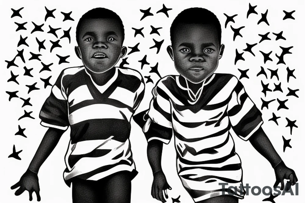 An african little boy playing football under an african acacia tattoo idea
