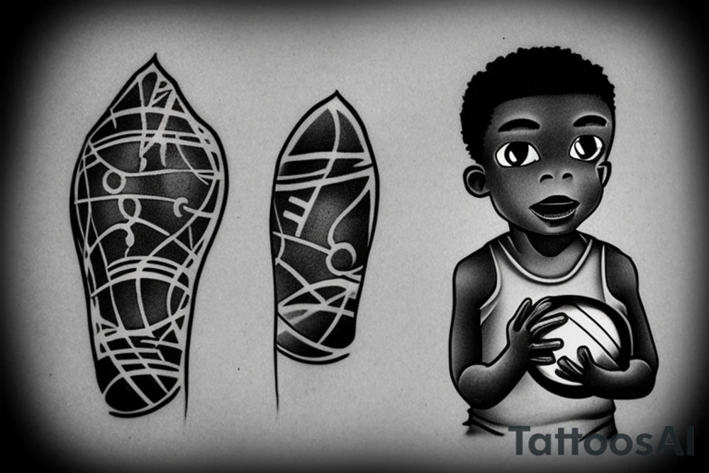 An african little boy playing football under an african acacia tattoo idea