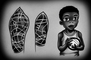 An african little boy playing football under an african acacia tattoo idea