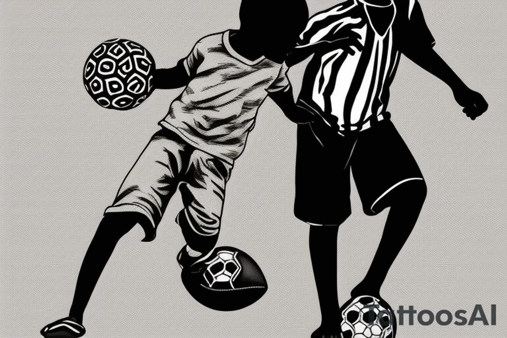 An african little boy playing football under an african acacia tattoo idea
