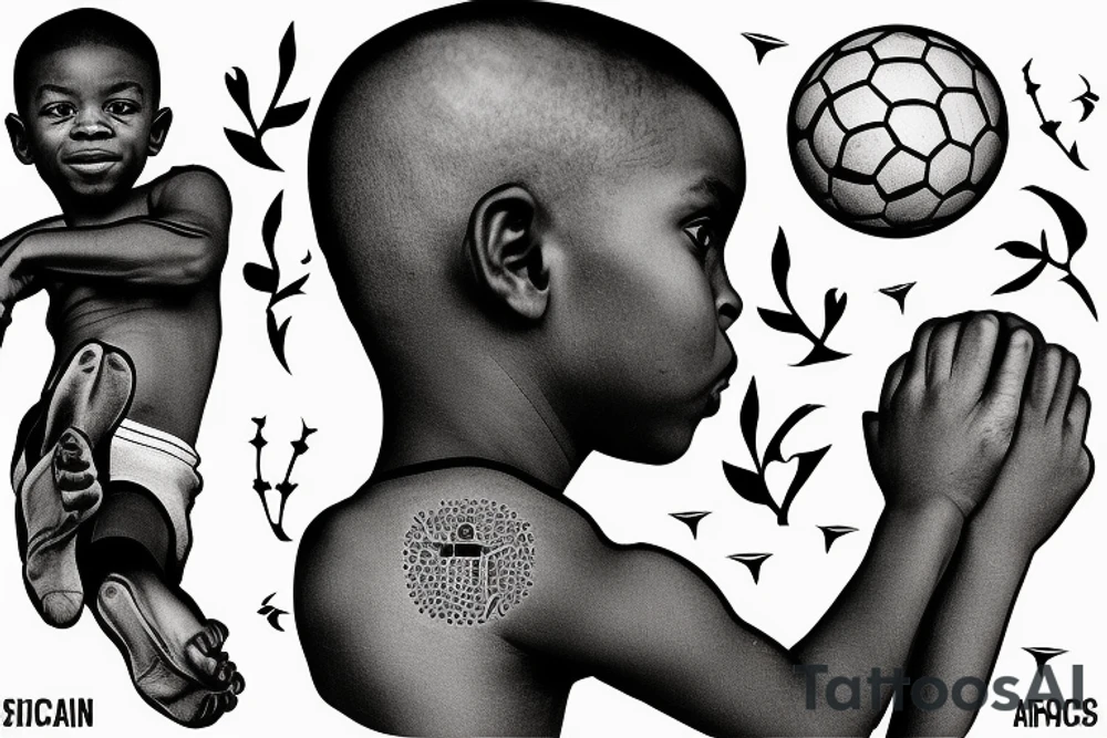 An african little boy playing football under an african acacia tattoo idea