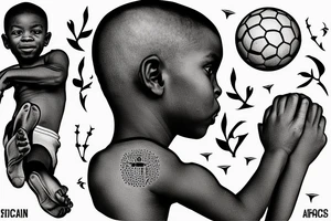 An african little boy playing football under an african acacia tattoo idea