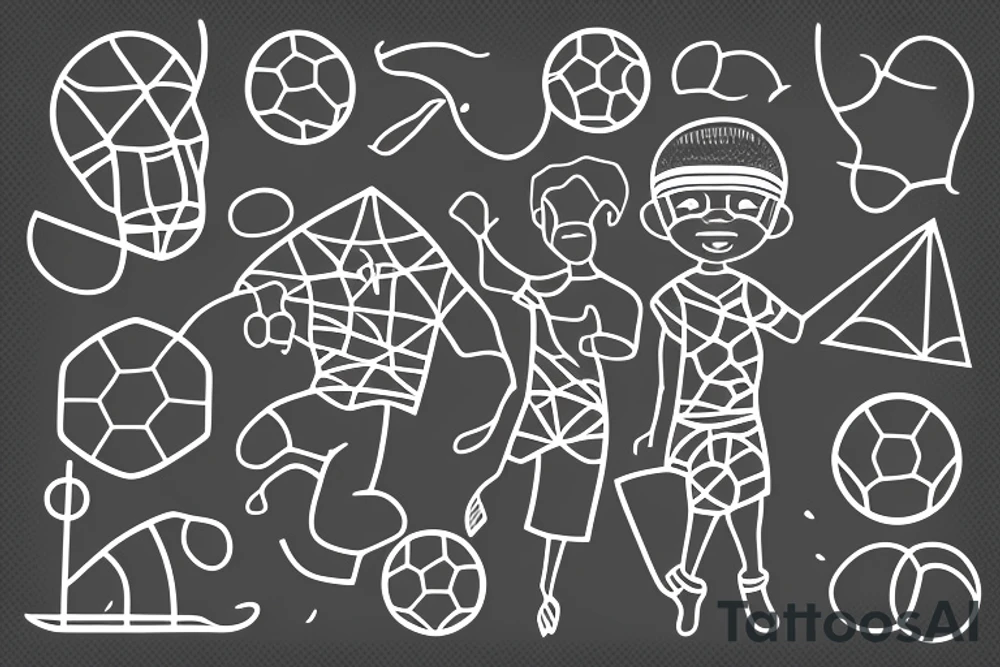An african little boy playing football under an african acacia tattoo idea