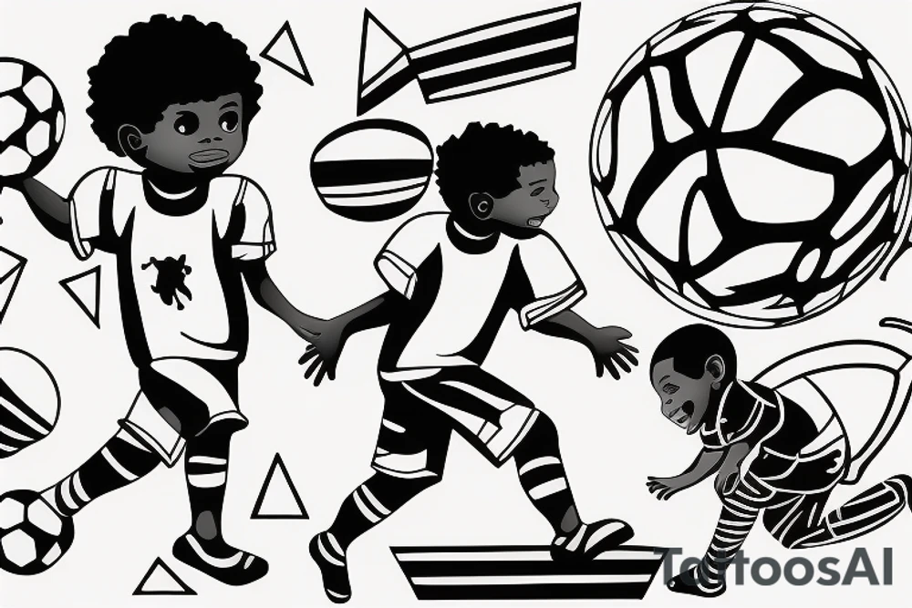 An african little boy playing football under an african acacia tattoo idea