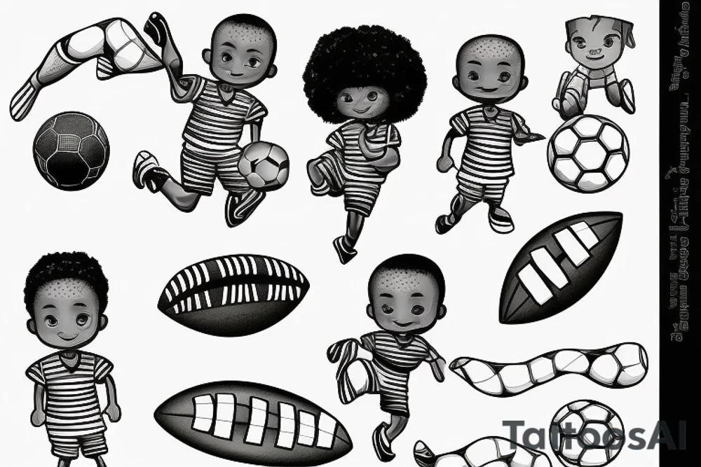 An african little boy playing football under an african acacia tattoo idea