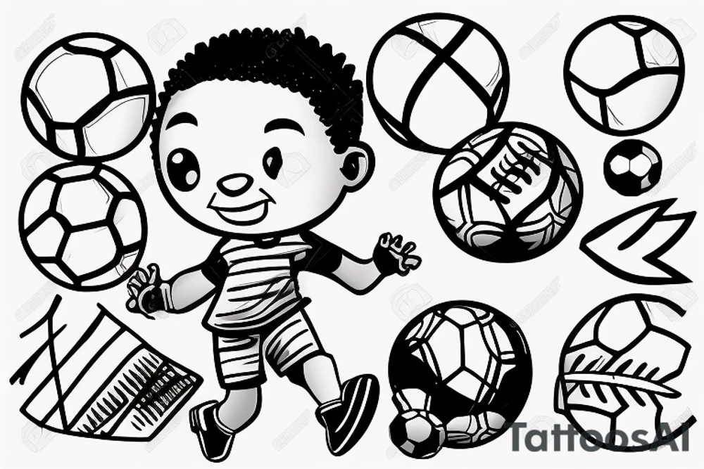 An african little boy playing football under an african acacia tattoo idea