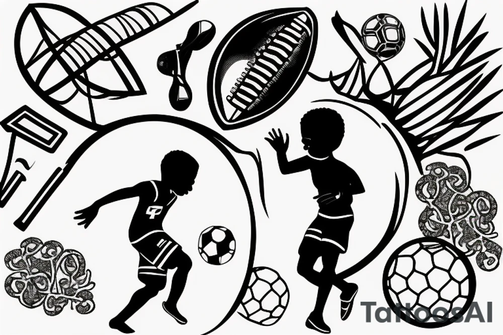 An african little boy playing football under an african acacia tattoo idea