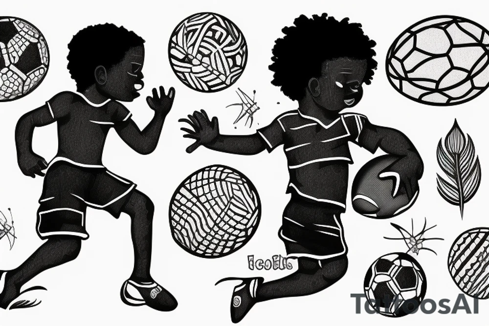 An african little boy playing football under an african acacia tattoo idea