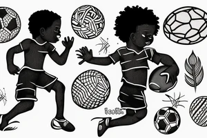 An african little boy playing football under an african acacia tattoo idea