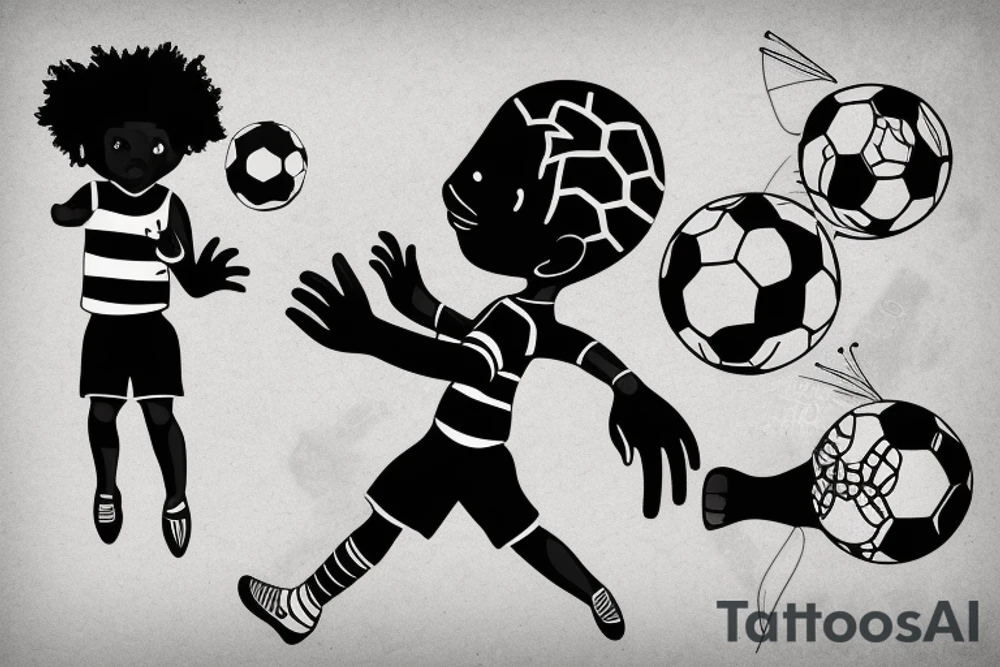 An african little boy playing football under an african acacia tattoo idea