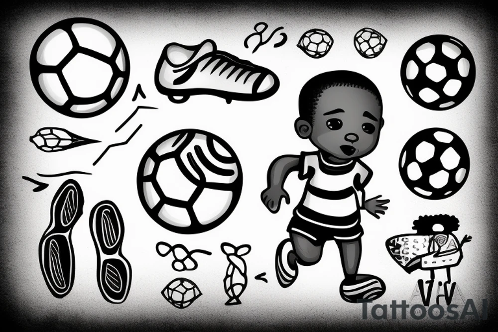 An african little boy playing football under an african acacia tattoo idea