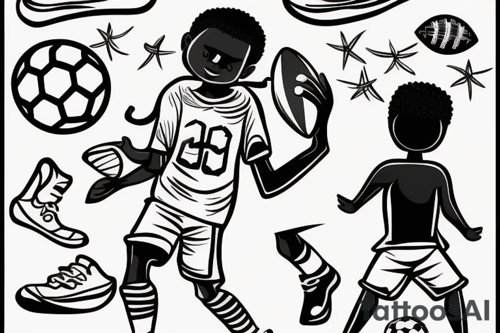 An african little boy playing football under an african acacia tattoo idea