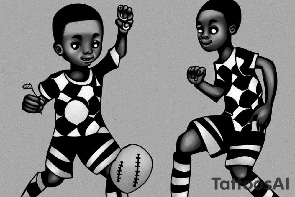 An african little boy playing football under an african acacia tattoo idea