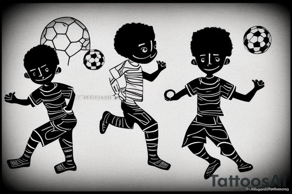 An african little boy playing football under an african acacia tattoo idea