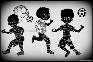 An african little boy playing football under an african acacia tattoo idea
