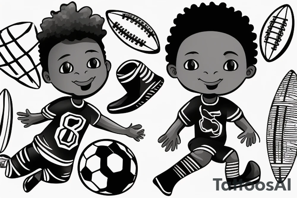 An african little boy playing football under an african acacia tattoo idea