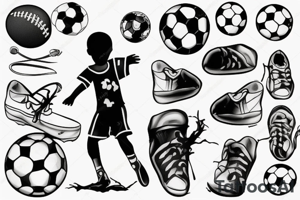 An african little boy playing football under an african acacia tattoo idea