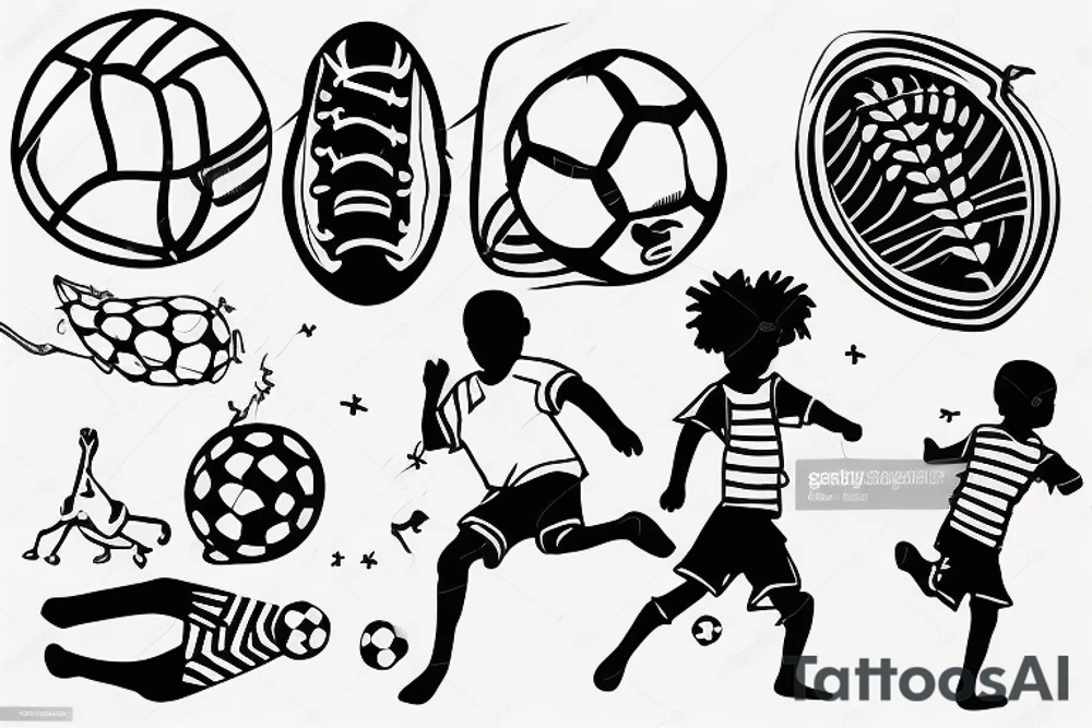 An african little boy playing football under an african acacia tattoo idea