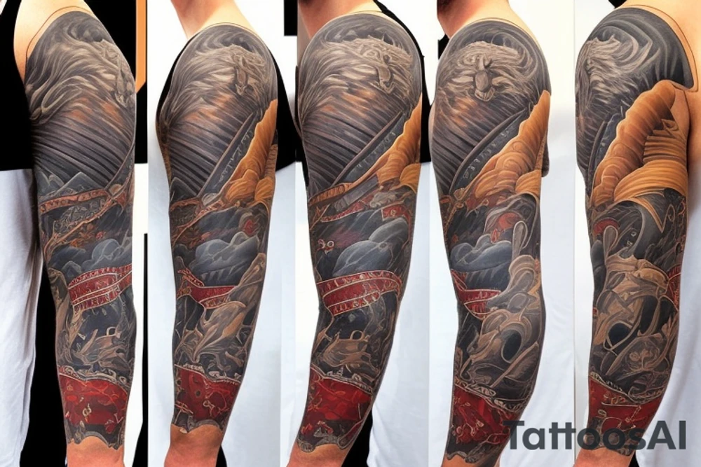 A Sleeve that has; Texas, New Jersey, Ireland, America, Baseball, Mateo, Nolan, Benjamin tattoo idea