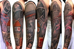 A Sleeve that has; Texas, New Jersey, Ireland, America, Baseball, Mateo, Nolan, Benjamin tattoo idea