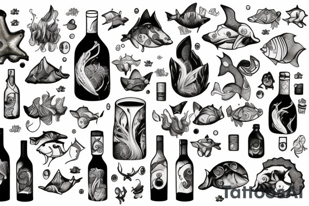 Bootle of wine and inside bottle sea with sea animal tattoo idea