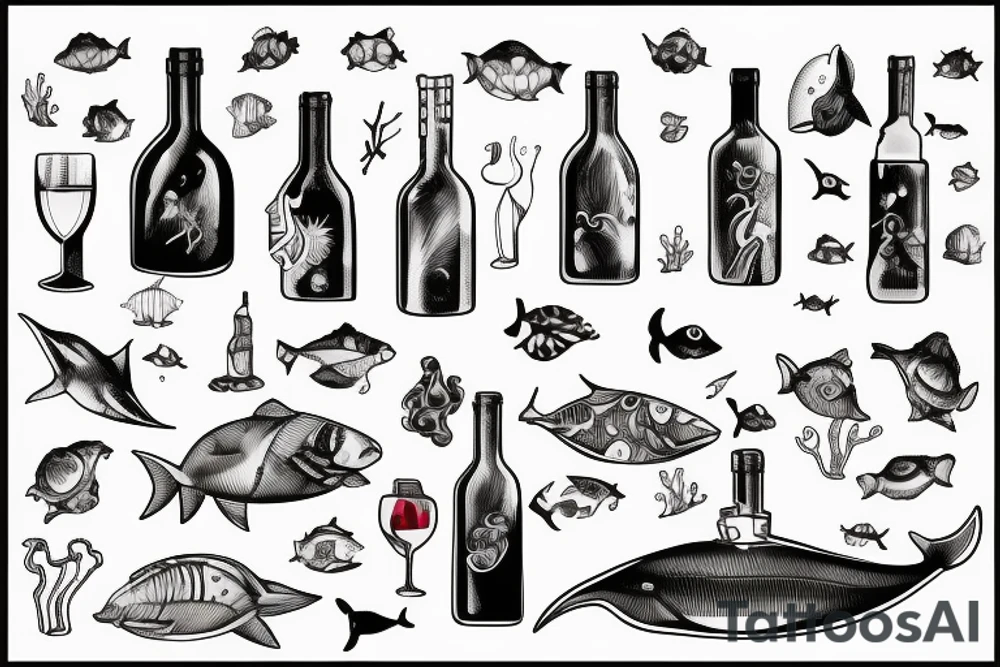 Bootle of wine and inside bottle sea with sea animal tattoo idea
