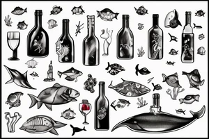 Bootle of wine and inside bottle sea with sea animal tattoo idea