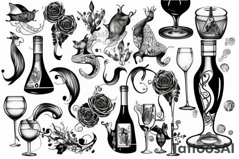 Bootle of wine with sea and see animal tattoo idea