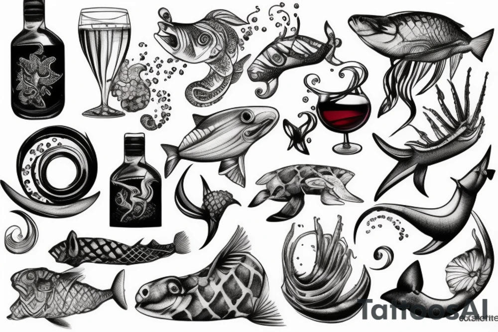 Wine bootle and inside ocean with animal tattoo idea