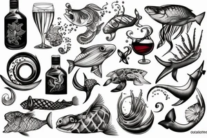 Wine bootle and inside ocean with animal tattoo idea