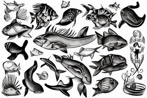 Wine bootle and inside ocean with animal tattoo idea