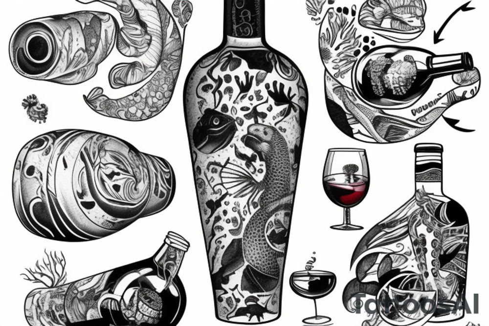 Wine bootle inside that bottle ocean with animal tattoo idea