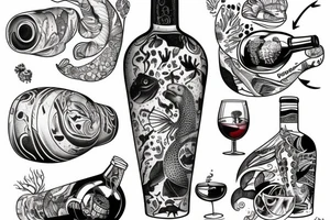 Wine bootle inside that bottle ocean with animal tattoo idea