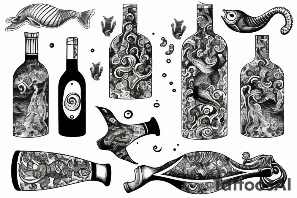 Wine bottle ocean, sea animal tattoo idea