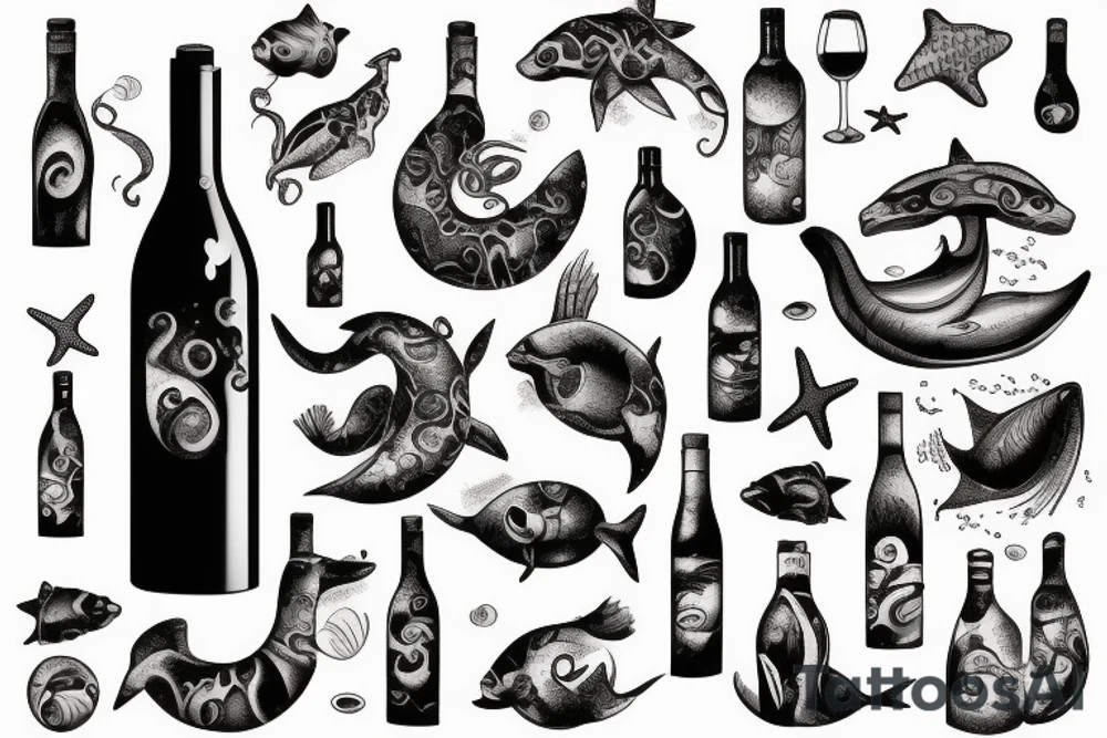 Wine bottle ocean, sea animal tattoo idea
