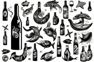 Wine bottle ocean, sea animal tattoo idea