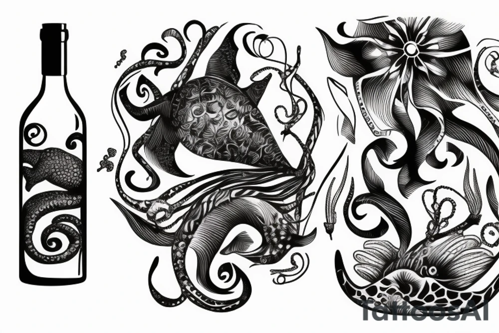 Wine bottle with ocean, sea animal tattoo idea