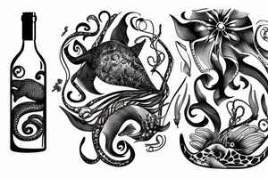 Wine bottle with ocean, sea animal tattoo idea